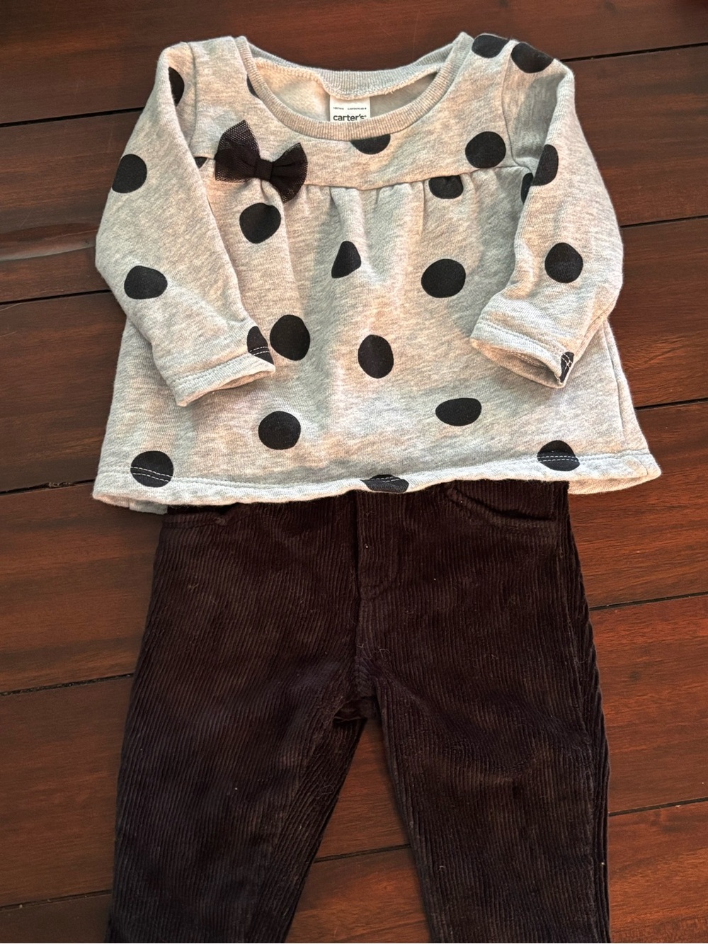 Carter's Gray Polka Dot Long-Sleeve Top with Black Corduroy Pants